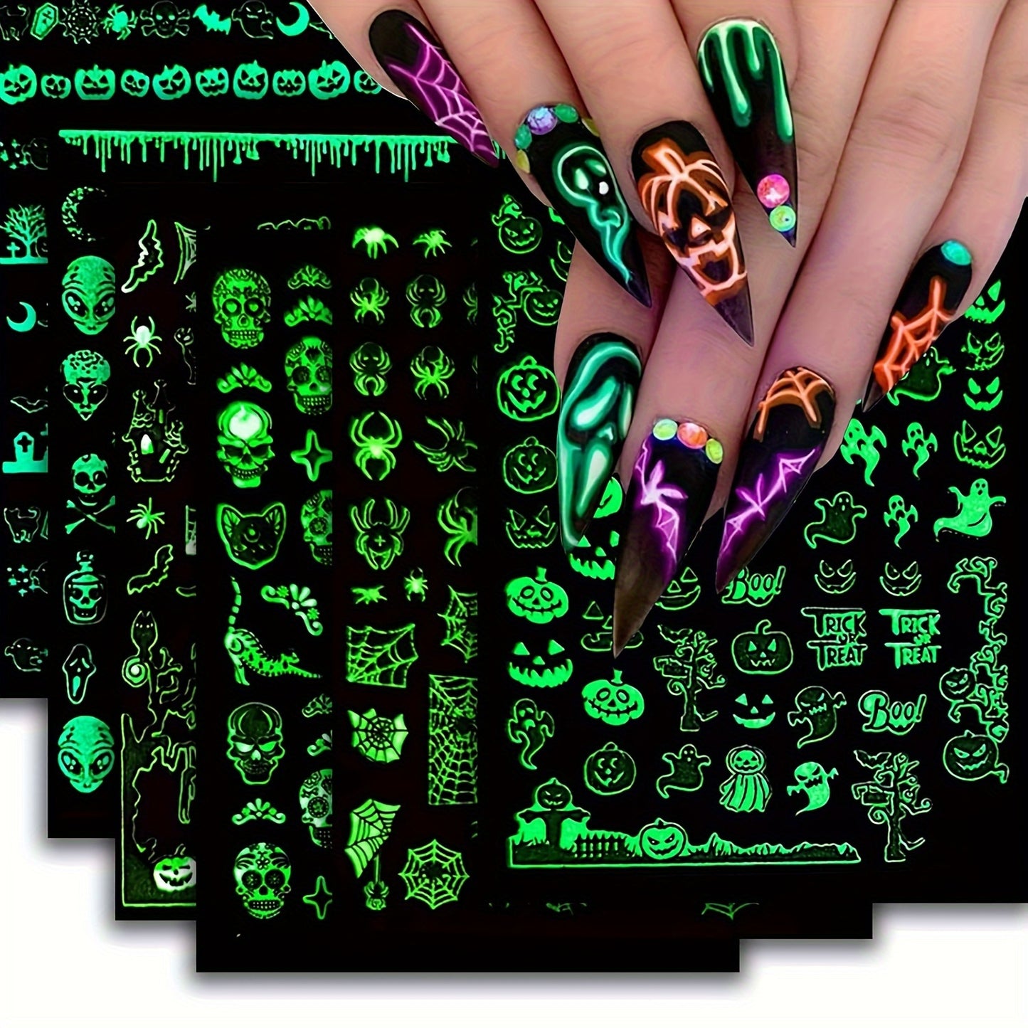 6pcs Glow-In-The-Dark Halloween Nail Art Stickers - Self-Adhesive, Reusable Decals With Skulls, Ghosts, Pumpkins & Spiders For Festive Manicure
