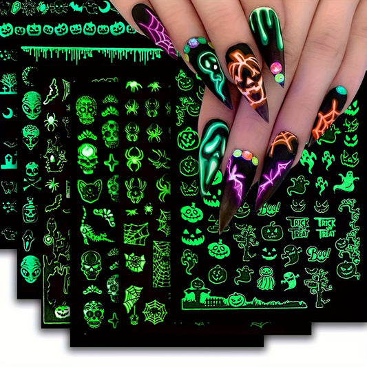 6pcs Glow-In-The-Dark Halloween Nail Art Stickers - Self-Adhesive, Reusable Decals With Skulls, Ghosts, Pumpkins & Spiders For Festive Manicure