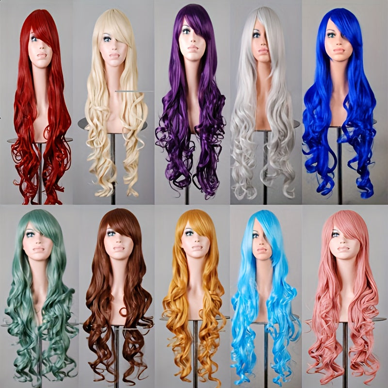 Luxurious Purple Long Wavy Halloween Wig for Women - Heat Resistant Synthetic Hair with Bangs, Adjustable Cap, Perfect for All Ethnicities