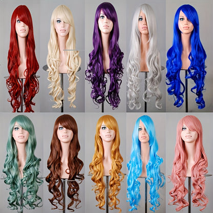 Luxurious Purple Long Wavy Halloween Wig for Women - Heat Resistant Synthetic Hair with Bangs, Adjustable Cap, Perfect for All Ethnicities