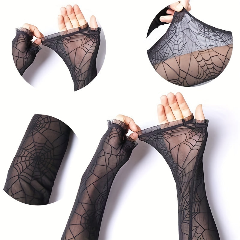 [Gothic Spider Pattern Gloves] Gothic Spider Pattern Translucent Fingerless Gloves for Women Halloween Decorative Y2K Black Lace Gloves