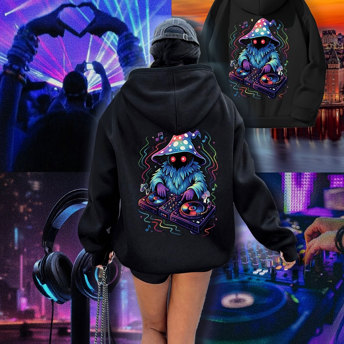 Women's Neon DJ Graphic Hoodie - Music Festival Sweatshirt with Back Print, Pullover Hooded Sweatshirt for Raves, Concerts, Winter Parties - Machine Washable Cold Weather Clothing, Comfortable Drawstring Hood, Rave Outfit, St