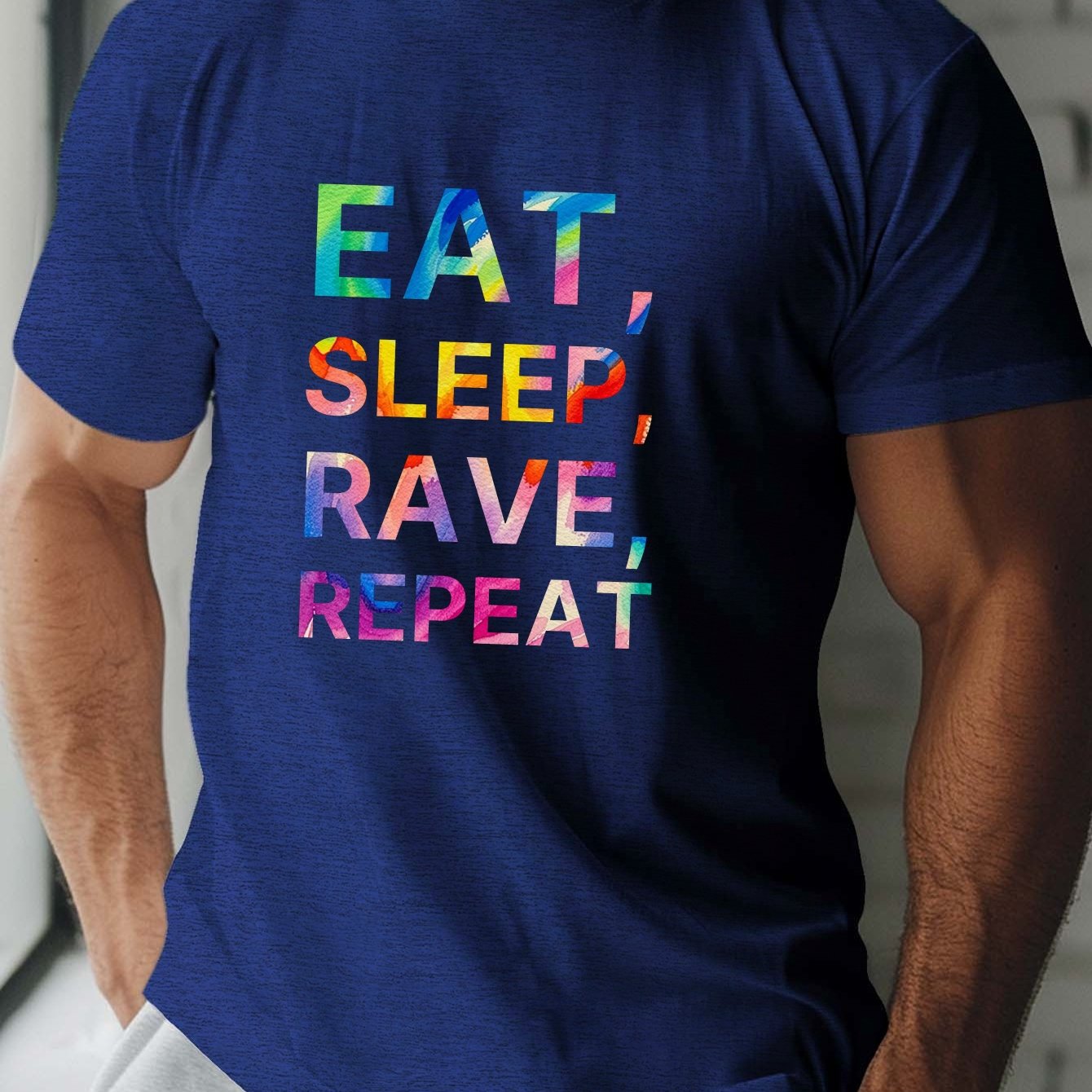 Eat Sleep Rave Repeat Letter Print Men's Summer Short Sleeve Crew Neck Tees, Breathable Polyester Fabric T-shirt, Casual Comfortable Versatile Top For Everyday Wear