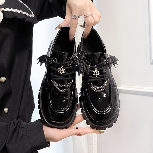 [Goth Bat Wing Flats] Goth Bat Wing Design Women's Stylish Black Lace-Up Flats | Silvery Star Charms & Chain Detail, Thick Rubber Sole, All-Season Comfort, Sweet & Edgy Fashion Statement