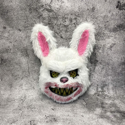 3pcs Horror Costume Set - Blood-Splattered Bunny & Killer Rabbit Mask with Bloody Apron & Gloves - Menacing White Rabbit Costume with Black Eyes & Sharp Teeth - Blood-Drip Design for Adults - Perfect for Halloween, Carnival,