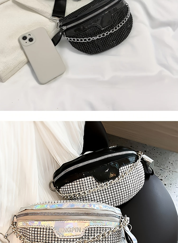 Shining Rhinestone Waist Bag, Bling-Bling belt bag for Women, Trendy Chain Decor Crossbody Chest Bag Bum Bag belt bag