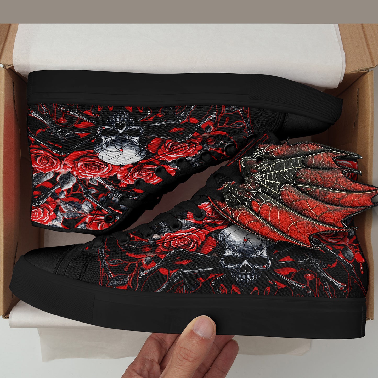 [Gothic Punk Sneakers] Gothic Punk Sneakers for Men - High-Top Shoes with 3D Red Flame Skull & Wing Design | Lace-Up Closure for Halloween, Gothic Parties, Everyday Streetwear | All-Season Comfortable, Casual Sport, Horror Ae