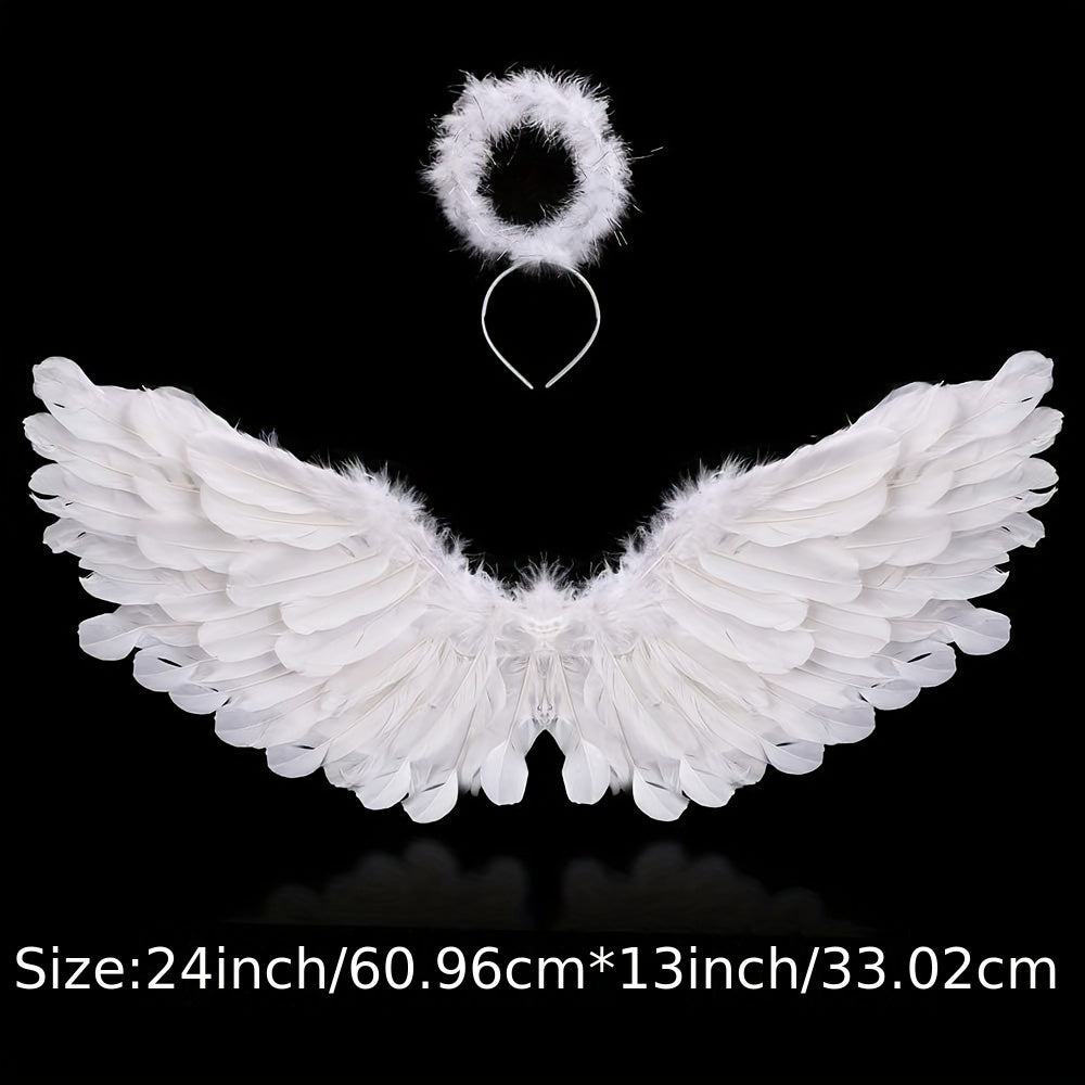 Angel Wings with Halo Costume - Black & White Halloween, Christmas, And Party Costume Accessory for Costume Parties, Halloween Costumes, Festive Attire, Elegant Design, Intricate Detailing for Halloween, Christmas Event & Par