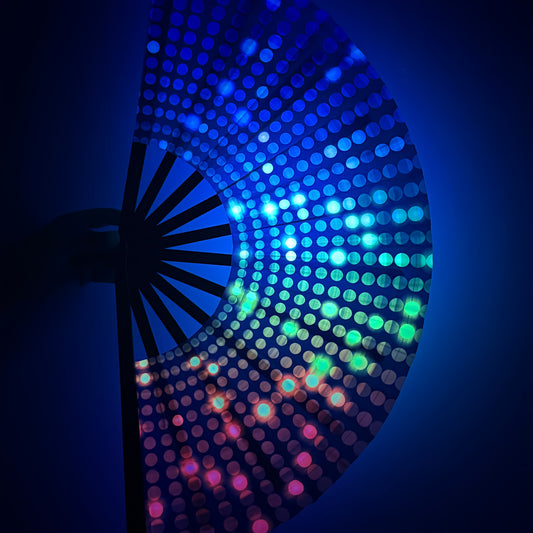 Large Fluorescent Glow-in-the-Dark Folding Fan - Rainbow Color Changing (Blue/ Green/Orange/Red/Purple/Teal) Handheld Party Fan, No Batteries Needed, Portable Folding Design for Clubs, Festivals, Performances, Cosplay - Stage