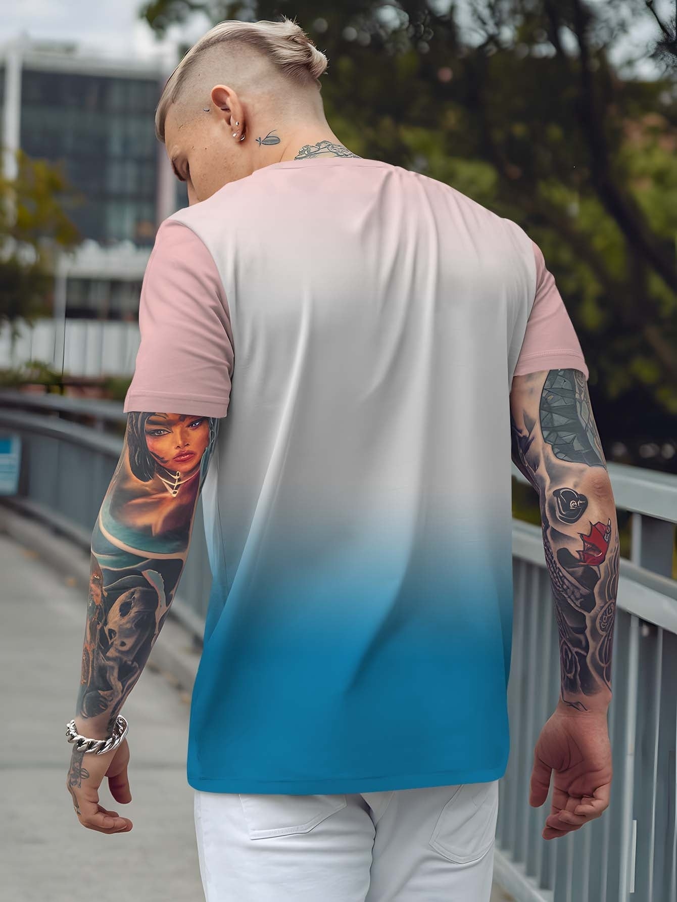 Men's Gradient Rave Graphic T-Shirt - Ice Silky Breathable, Quick-Dry, Round Neck, Short Sleeve, Casual Summer Tee in Vibrant Orange to Black Ombre Design