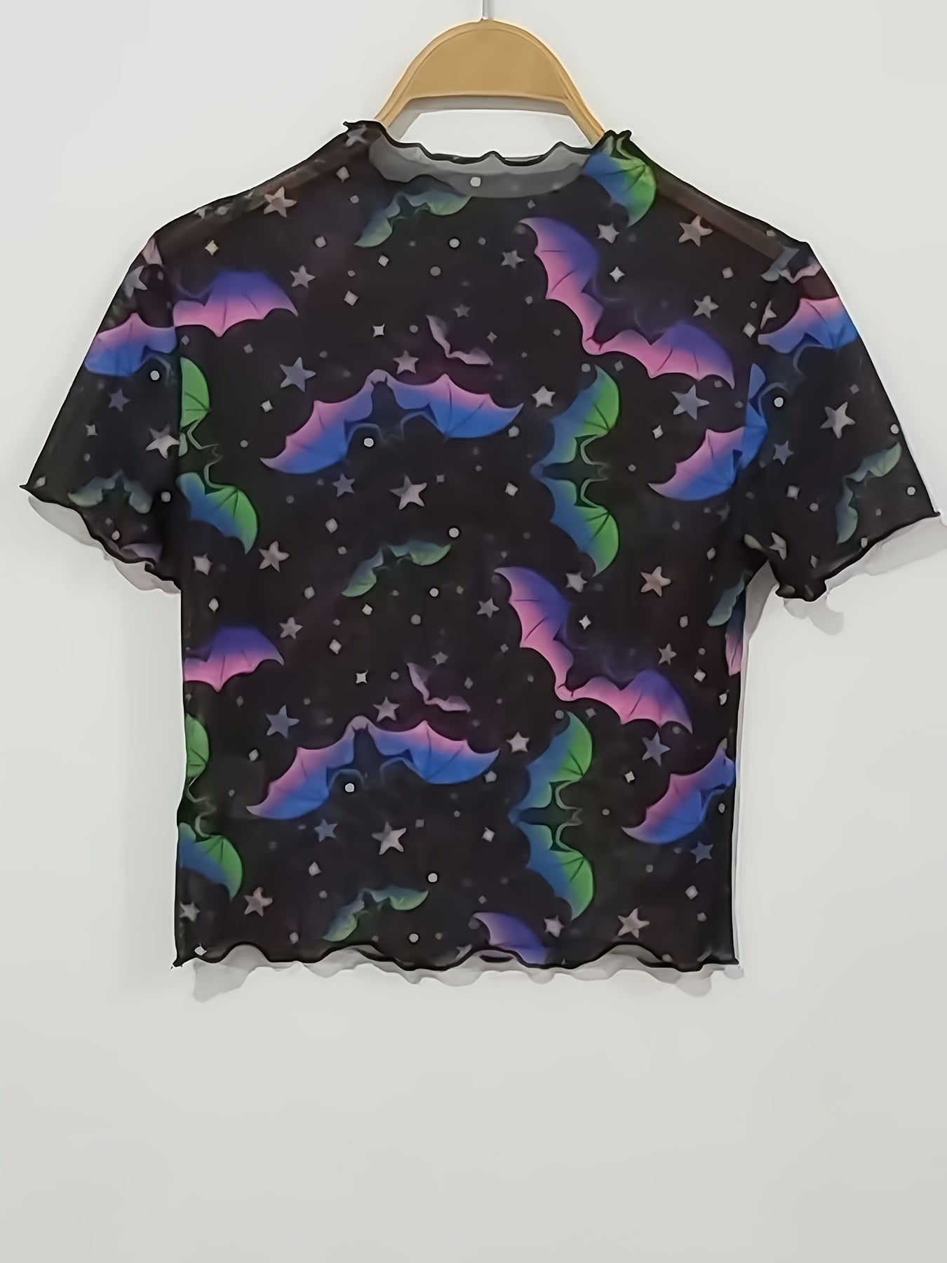 Stylish Bat Print T-Shirt Women's Short Sleeve Round Neck Blouse Spring/Summer New Versatile Women's Tee Sheer Mesh Crop Top No Underwear Included