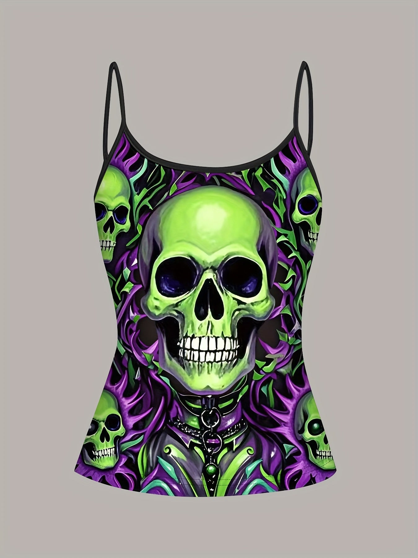 Women's Gothic Skull Print Cami Top - Vibrant Neon Green & Purple Design, Sleeveless Spaghetti Strap, Machine Washable, Edgy Summer Fashion for Bold Style, Trendy Casual Wear, Mysterious Aesthetic, Nontransparent Fabric