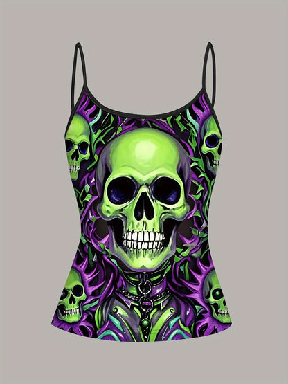 Women's Gothic Skull Print Cami Top - Vibrant Neon Green & Purple Design, Sleeveless Spaghetti Strap, Machine Washable, Edgy Summer Fashion for Bold Style, Trendy Casual Wear, Mysterious Aesthetic, Nontransparent Fabric