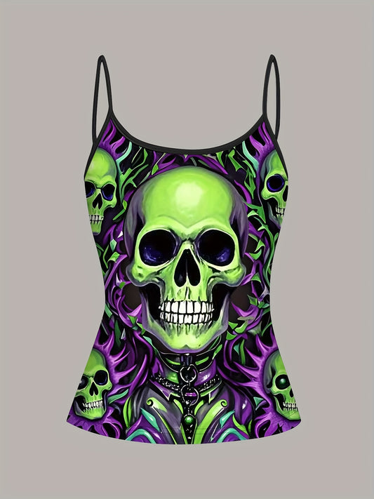 Women's Gothic Skull Print Cami Top - Vibrant Neon Green & Purple Design, Sleeveless Spaghetti Strap, Machine Washable, Edgy Summer Fashion for Bold Style, Trendy Casual Wear, Mysterious Aesthetic, Nontransparent Fabric