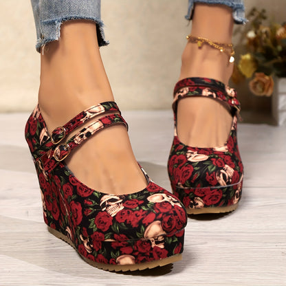 Women's Gothic Rose & Skull Print Wedge Heels - Elegant Ankle Strap Platform Pumps with Metallic Buckle, Red Floral Design on Black Background, Perfect for Casual or Stylish Outfits, Cute Heels