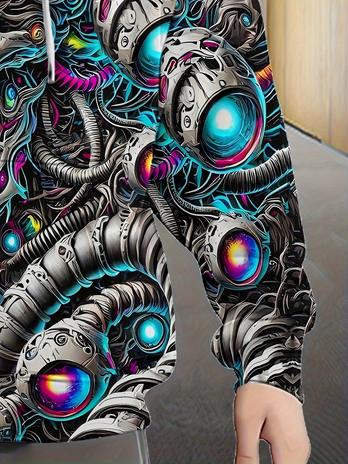 Men's Cyberpunk Gothic Hooded Jacket - Full-Zip Graphic Sweatshirt with Skull & Mechanical Eyes, Front Pockets, Adjustable Drawstring Hood - Lightweight Outerwear for Streetwear, Gym, Halloween Parties - Machine Washable Poly
