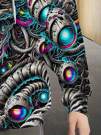 Men's Cyberpunk Gothic Hooded Jacket - Full-Zip Graphic Sweatshirt with Skull & Mechanical Eyes, Front Pockets, Adjustable Drawstring Hood - Lightweight Outerwear for Streetwear, Gym, Halloween Parties - Machine Washable Poly