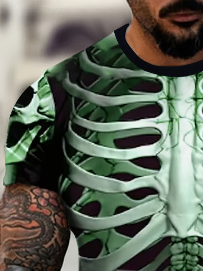 Men's Skeleton Print T-Shirt, Casual Polyester Short Sleeve Tee, Round Neck, Summer Fashion Top, Regular Fit, Halloween Themed, Knit Fabric
