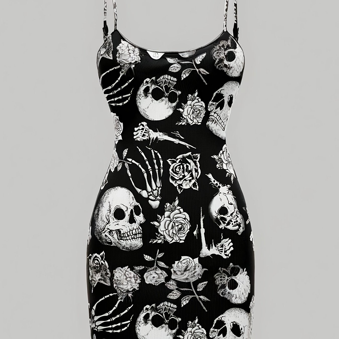 [Gothic Boho Mini Dress] Gothic Boho Women's Sleeveless Mini Dress | Black & White Skull & Floral Print, Spaghetti Strap, Round Neck, Machine Washable, Stretchy Party Outfit for Halloween, Casual & Themed Events