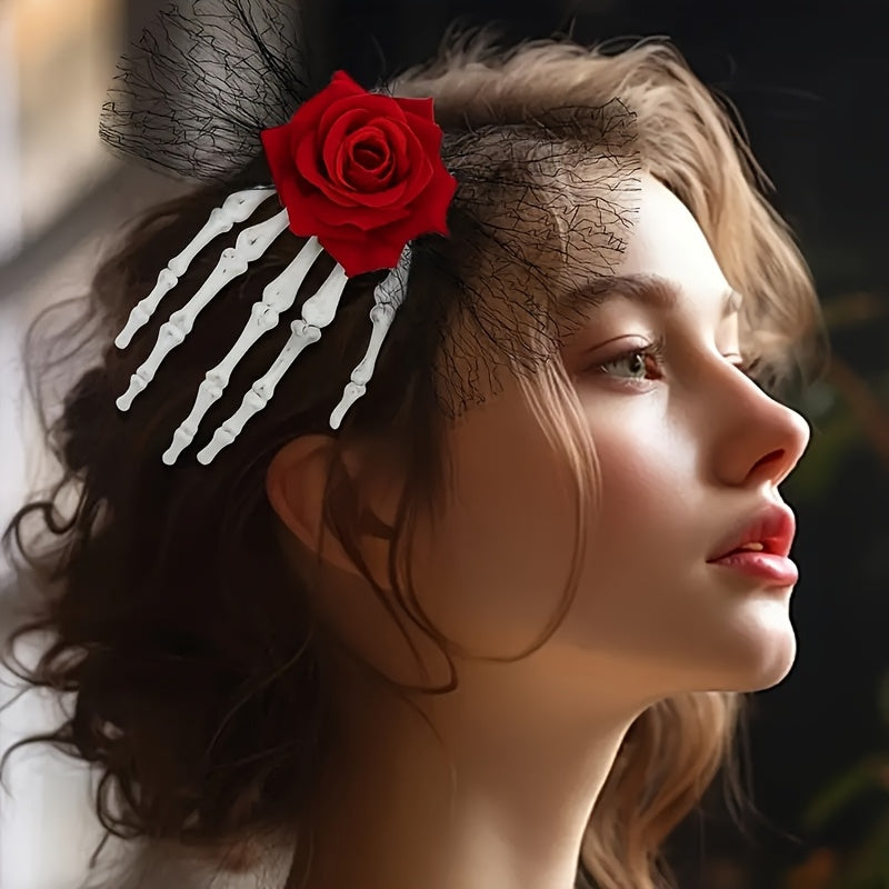 [Gothic Skull Hair Clip] 1pc Vintage-Style Gothic Skull Hair Clip with Faux Roses And Lace | Fashionable Side Hairpin for Spooky Vibe, Perfect for Parties And Everyday Wear