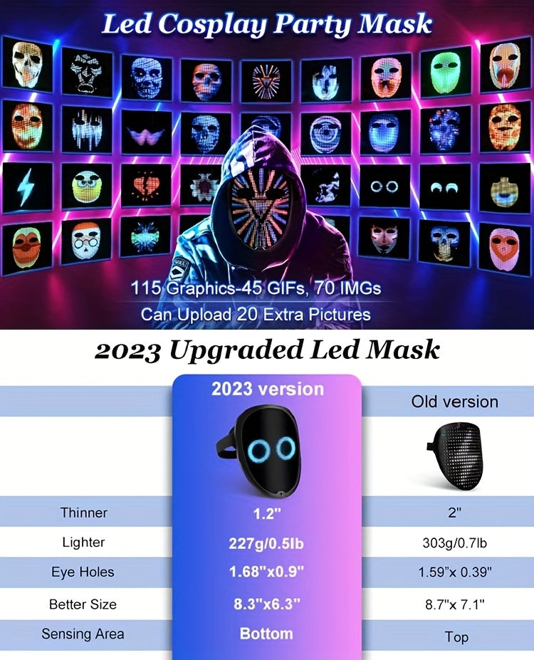 Programmable LED Halloween Mask with App Control - USB-Rechargeable Scary Glow Face Costume Party mask, Real-Time Lighting Effects for Adults, Perfect for Halloween, Christmas, Carnival - by SLSHINING