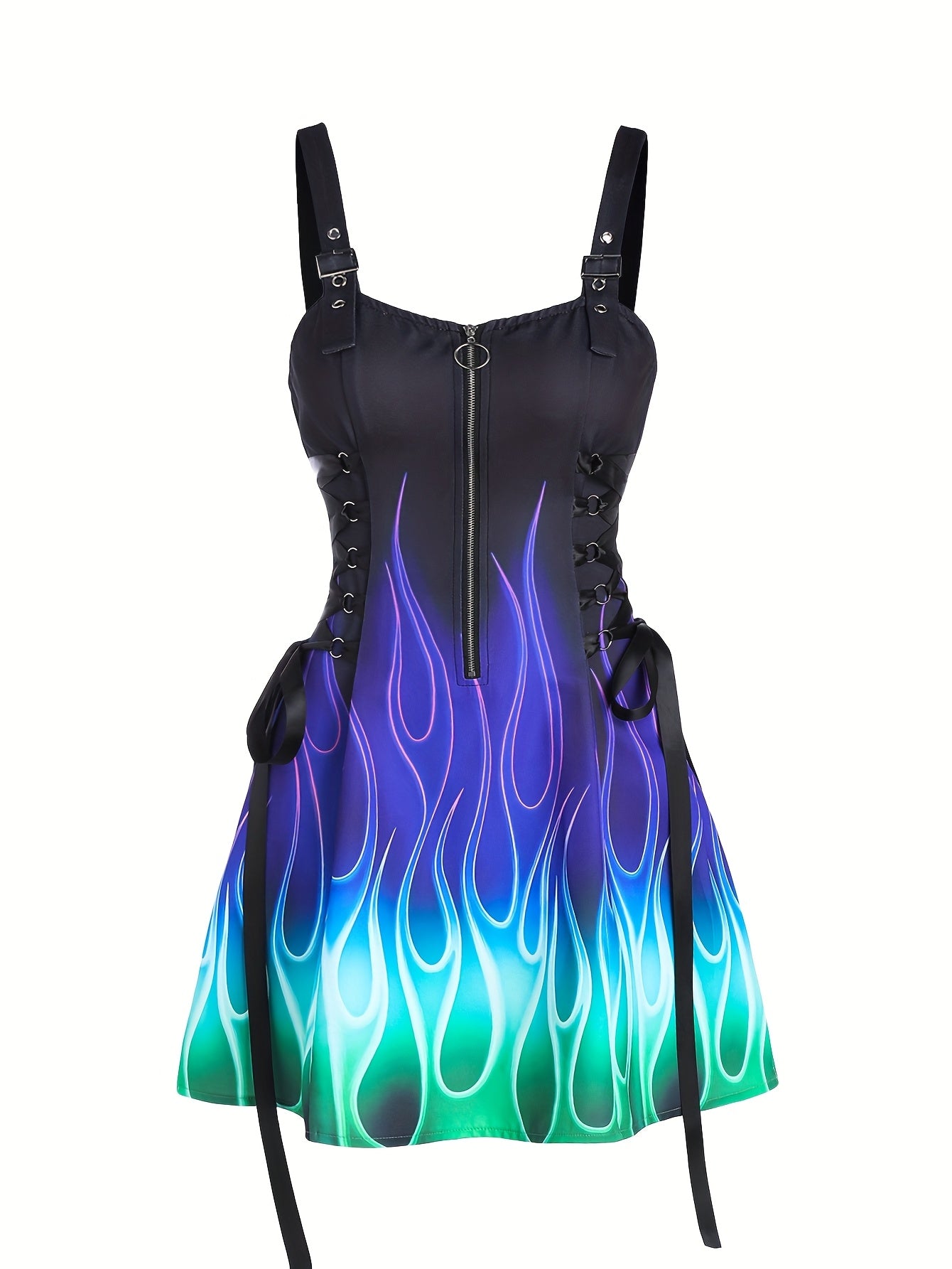 Women'S Flame Print Dress with Zipper Closure and Adjustable Straps, Casual Strapless Design with Lace-up Detail, All-Season Wear, Vibrant Green to Blue Gradient, Allseason Attire | Vibrant Flame Print | Lace-Up Detailing, Se