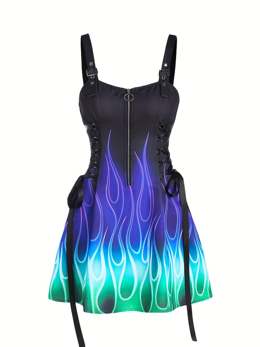 Women'S Flame Print Dress with Zipper Closure and Adjustable Straps, Casual Strapless Design with Lace-up Detail, All-Season Wear, Vibrant Green to Blue Gradient, Allseason Attire | Vibrant Flame Print | Lace-Up Detailing, Se