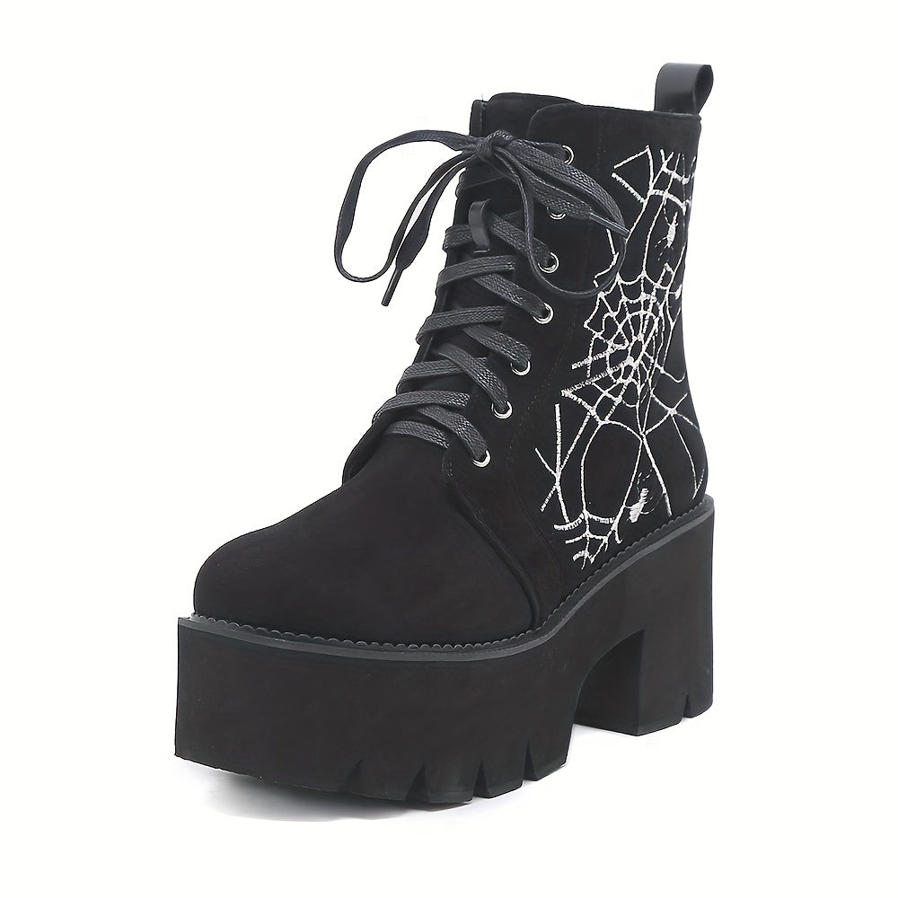 GDGYDH Women's Punk-Style Spiderweb Embroidered Ankle Boots with Chunky Heel, Lace-Up & Side Zipper - Comfortable All-Season Fashion Shoes