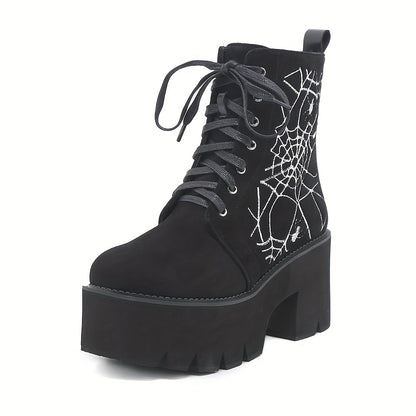 GDGYDH Women's Punk-Style Spiderweb Embroidered Ankle Boots with Chunky Heel, Lace-Up & Side Zipper - Comfortable All-Season Fashion Shoes