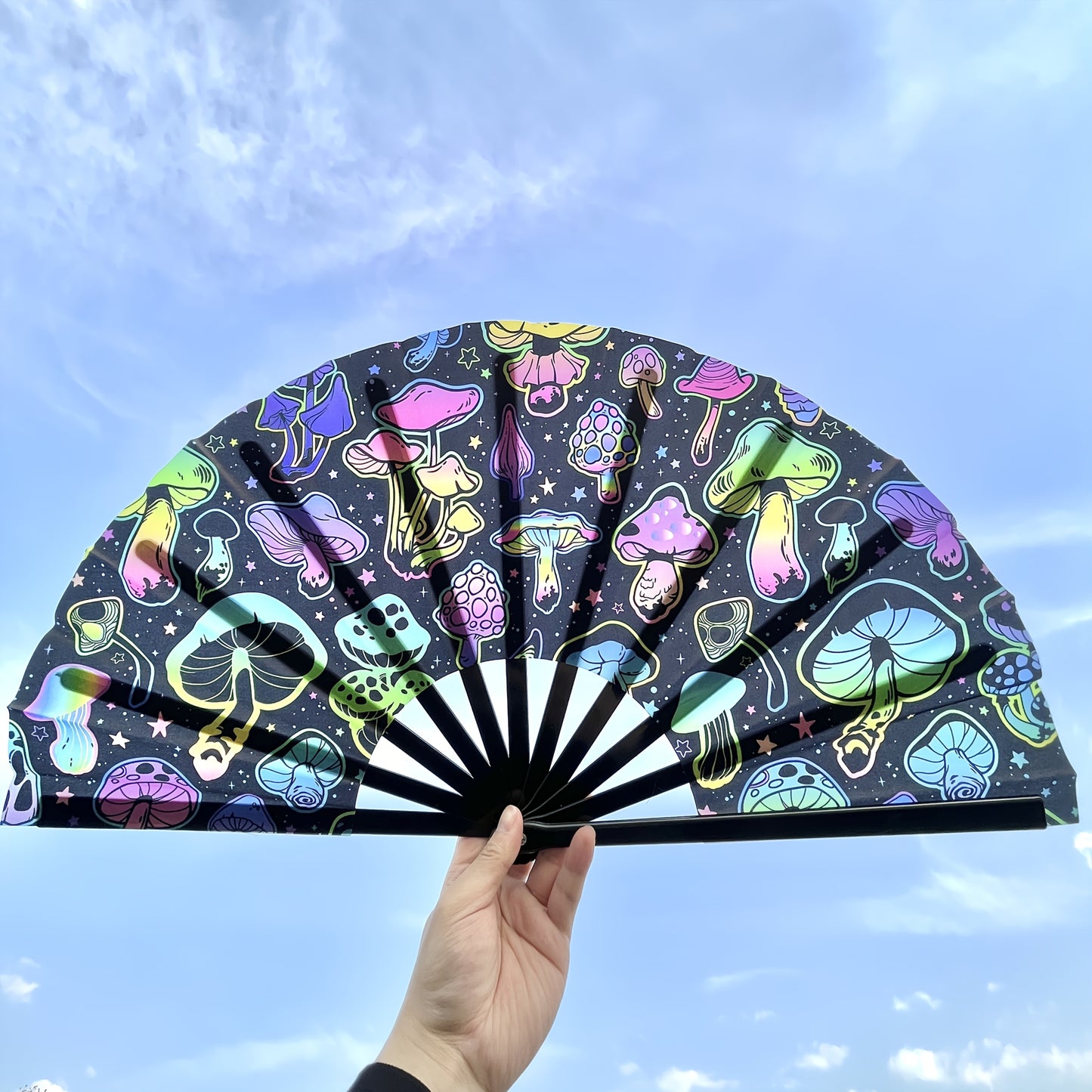 33.02cm UV Glow Carnival Folding Fan - Vibrant Neon Mushroom & Butterfly Design, Durable Plastic, Perfect for Parties, Festivals, and Gifts, Handheld & Button Operated, Festive Accessory | Glow Party Fan | Durable Plastic Fan