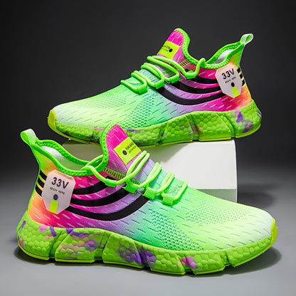 Men'S Casual Athletic Sneakers - Vibrant Pink & Green Colorblock Design, Breathable Fabric Upper, Lightweight EVA Sole, Lace-Up Low Tops for Casual Attire, Sports Shoes | Lowtop Sneakers | Comfortable Fi