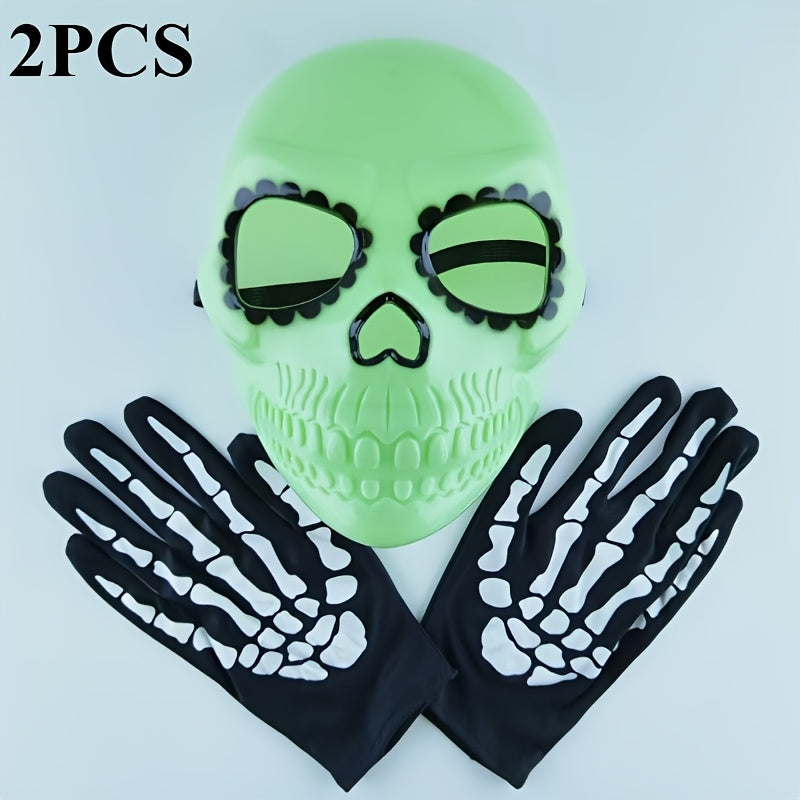 2pcs Glow-in-the-Dark Green Skull Series Luminous Mask & Gloves - Halloween Costume Party Accessory, Fashionable Plastic Makeup Masks for Nighttime Festivities, Halloween Costumes, Glowing Mask, Glowindark Feature