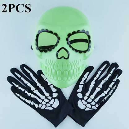 2pcs Glow-in-the-Dark Green Skull Series Luminous Mask & Gloves - Halloween Costume Party Accessory, Fashionable Plastic Makeup Masks for Nighttime Festivities, Halloween Costumes, Glowing Mask, Glowindark Feature