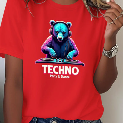 Women's Techno Party Bear DJ Graphic T-Shirt - Dark Grey with Neon Accents - Soft Everyday Tee for Clubbing, Raves & Casual Outfits - Machine Washable Party Shirt, Disco Party Outfit, Rave Clothing, Vibrant Print, Comfortable