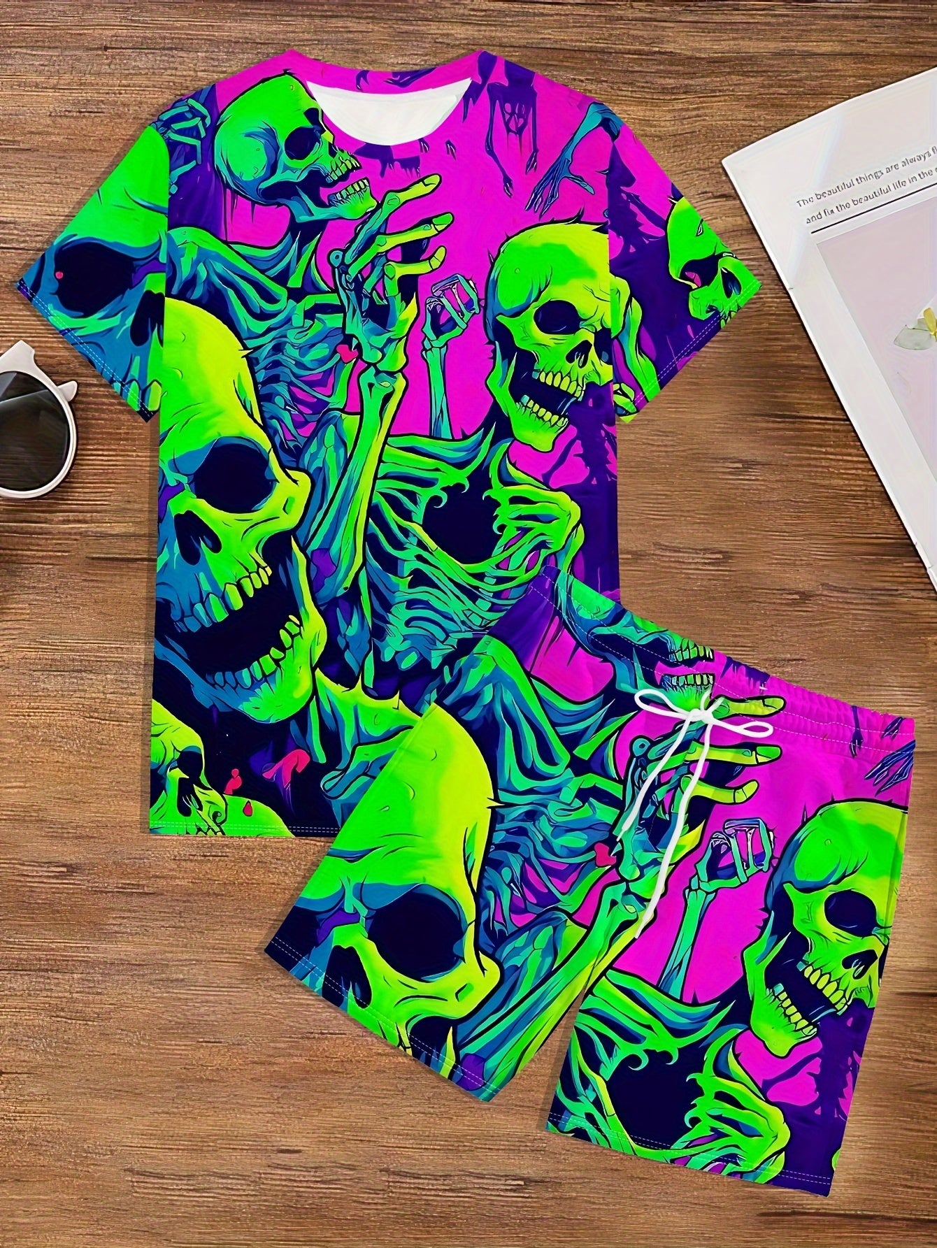 [Vibrant Skull Print Set] Vibrant Pink Men's Novelty Skull Print T-Shirt & Shorts Set | Green, Yellow & Blue Skeleton Design, Casual Crew Neck, Polyester Knit Fabric, Geometric Pattern, Regular Fit Pajama & Lounge Suit, Plus