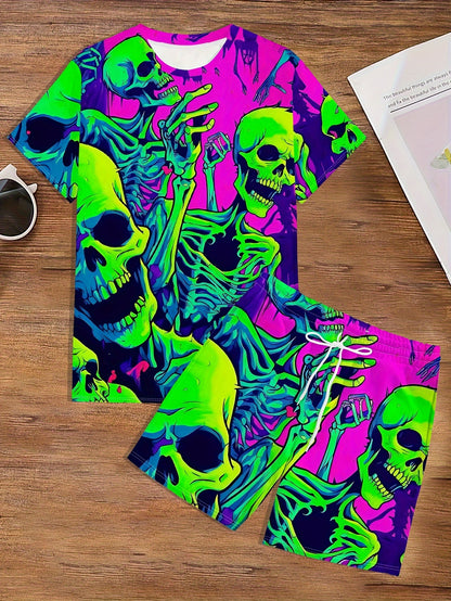 [Vibrant Skull Print Set] Vibrant Pink Men's Novelty Skull Print T-Shirt & Shorts Set | Green, Yellow & Blue Skeleton Design, Casual Crew Neck, Polyester Knit Fabric, Geometric Pattern, Regular Fit Pajama & Lounge Suit, Plus