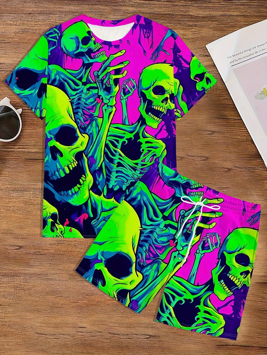 [Vibrant Skull Print Set] Vibrant Pink Men's Novelty Skull Print T-Shirt & Shorts Set | Green, Yellow & Blue Skeleton Design, Casual Crew Neck, Polyester Knit Fabric, Geometric Pattern, Regular Fit Pajama & Lounge Suit, Plus