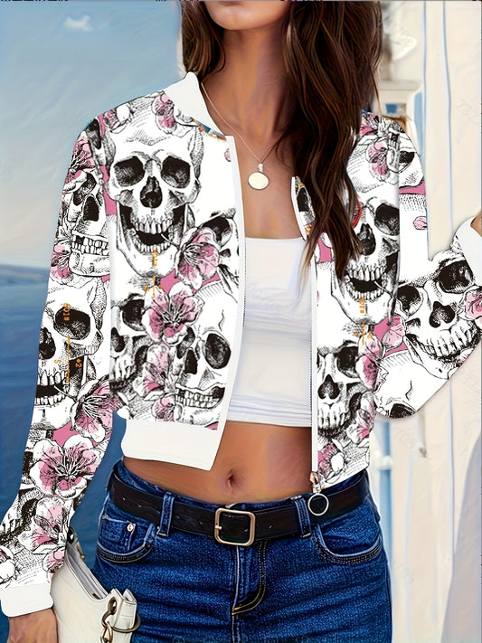 [Edgy Gothic Jacket] Gothic Women's Jacket - Black & Pink Skull Print, Zipper Front Coat | Machine Washable, Lightweight Outerwear for Halloween, Parties, Everyday Edgy Style - Non-Transparent Jacket, Halloween Clothes, Party