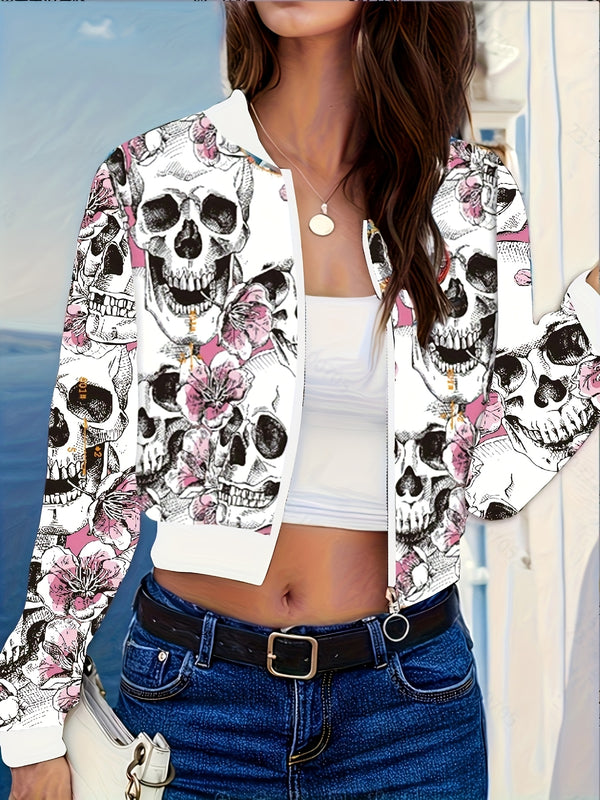[Edgy Gothic Jacket] Gothic Women's Jacket - Black & Pink Skull Print, Zipper Front Coat | Machine Washable, Lightweight Outerwear for Halloween, Parties, Everyday Edgy Style - Non-Transparent Jacket, Halloween Clothes, Party