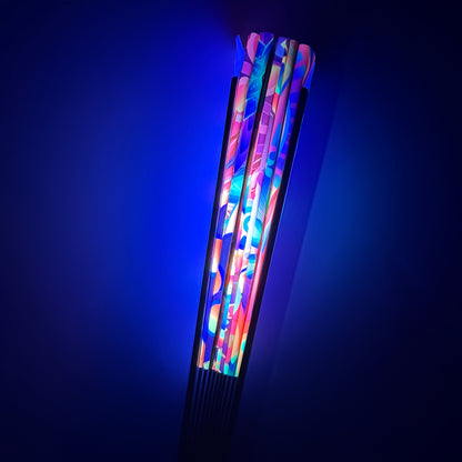 Large Fluorescent Kung Fu Folding Fan - Vibrant Multicolor Feather Design, Foldable Battery-Free Fan for EDM Festivals, Drag Queen Performances, Parties & Events