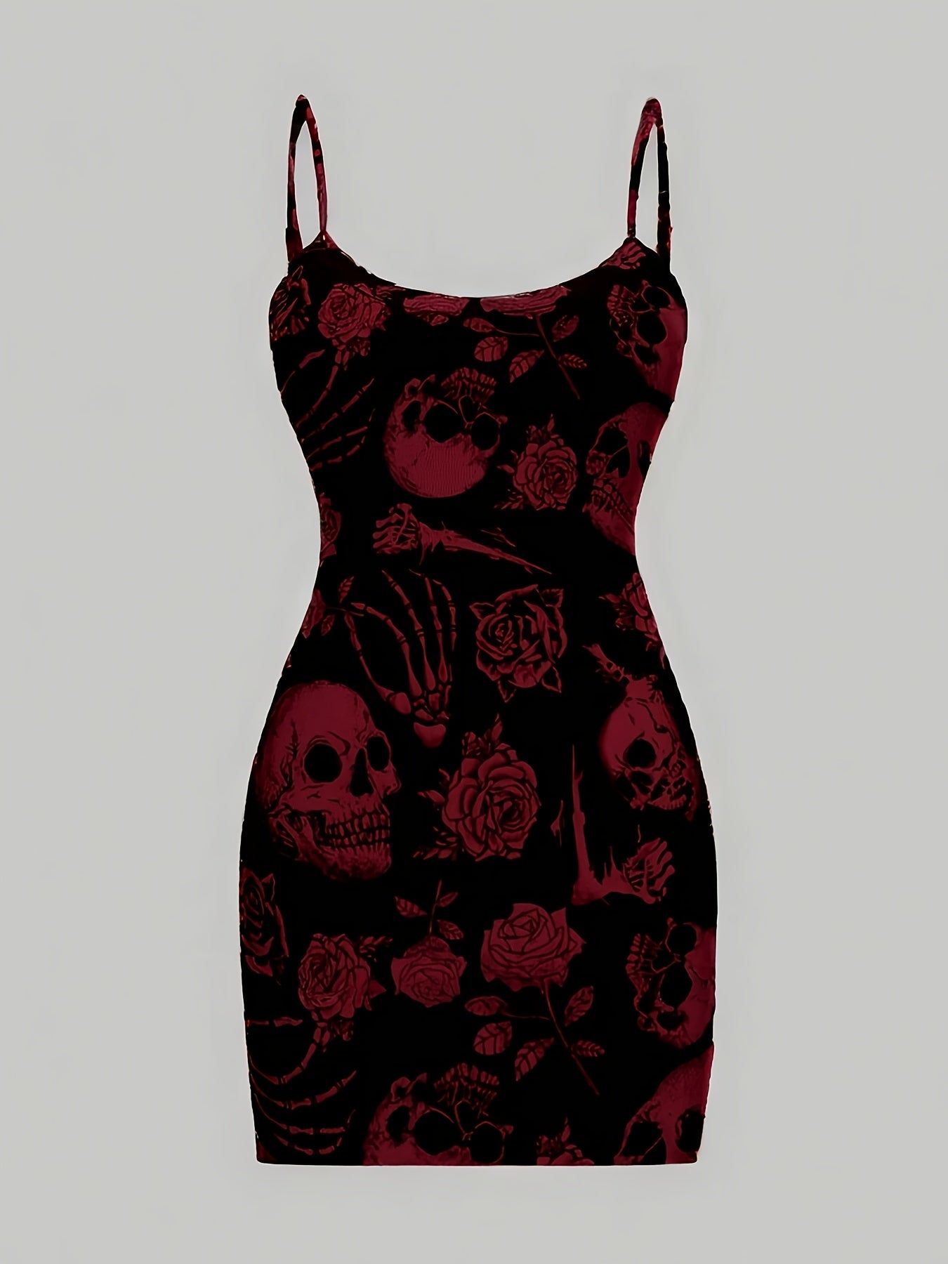 [Gothic Boho Mini Dress] Gothic Boho Women's Sleeveless Mini Dress | Black & White Skull & Floral Print, Spaghetti Strap, Round Neck, Machine Washable, Stretchy Party Outfit for Halloween, Casual & Themed Events