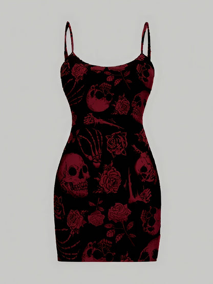 [Gothic Boho Mini Dress] Gothic Boho Women's Sleeveless Mini Dress | Black & White Skull & Floral Print, Spaghetti Strap, Round Neck, Machine Washable, Stretchy Party Outfit for Halloween, Casual & Themed Events