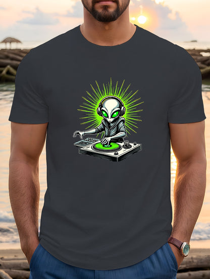 Men's Alien DJ with Headphones & Neon Green Sunburst Graphic Print Crew Neck T-Shirt - Lightweight Summer Casual Tee, Regular Fit, Machine Washable, Music Lover Apparel | Playful Design Shirt | Breathable Fabric