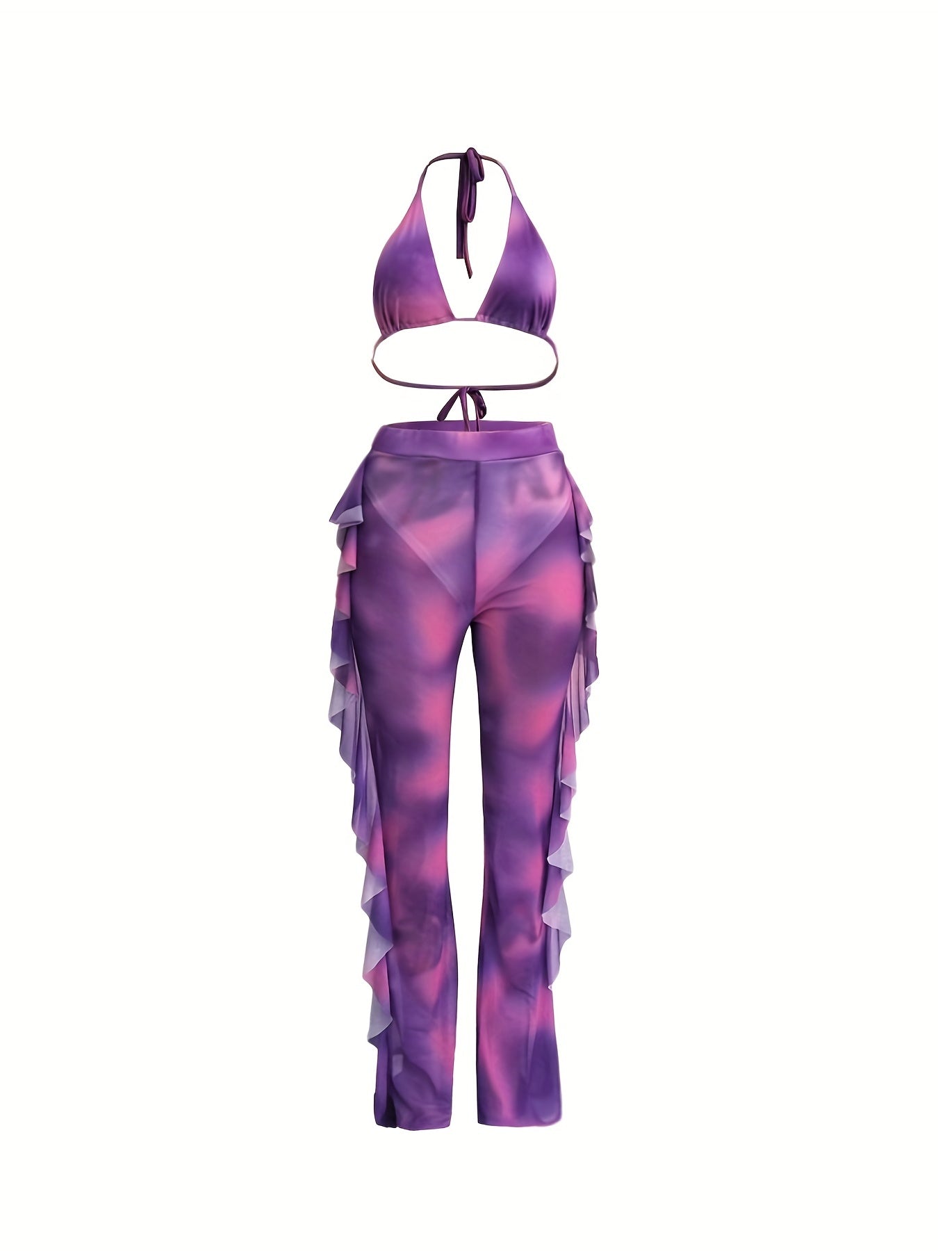 Sexy Tie Dye Matching Two-piece Set, Crop Halter Top & Fringe Hem Pants Outfits, Women's Clothing