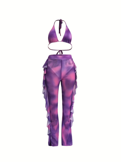 Sexy Tie Dye Matching Two-piece Set, Crop Halter Top & Fringe Hem Pants Outfits, Women's Clothing