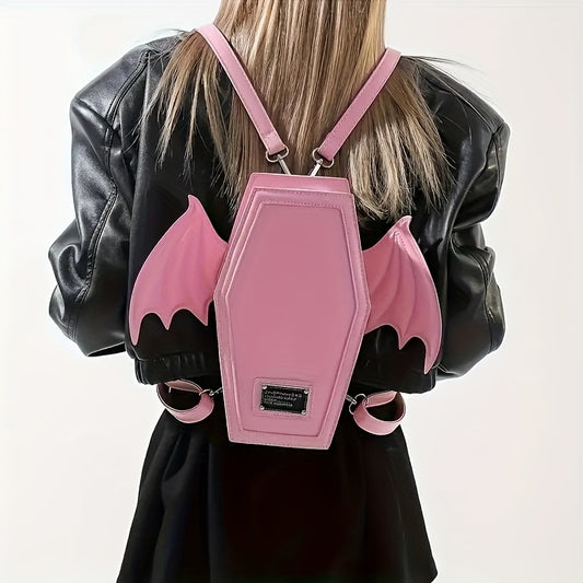 Black Punk Style Bat Wing Backpack - Adjustable Straps, Zipper Closure,, Gothic Coffin Design for Halloween, Parties & Casual Use