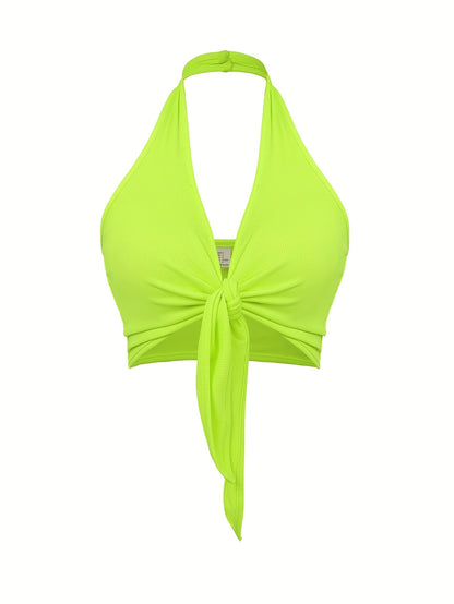Women'S Neon Yellow Halter Top with Front Tie & Backless Design - Stylish Summer Crop Tank for Casual or Beach Wear, Beachwear Essential | Backless Top | Glossy Fabric