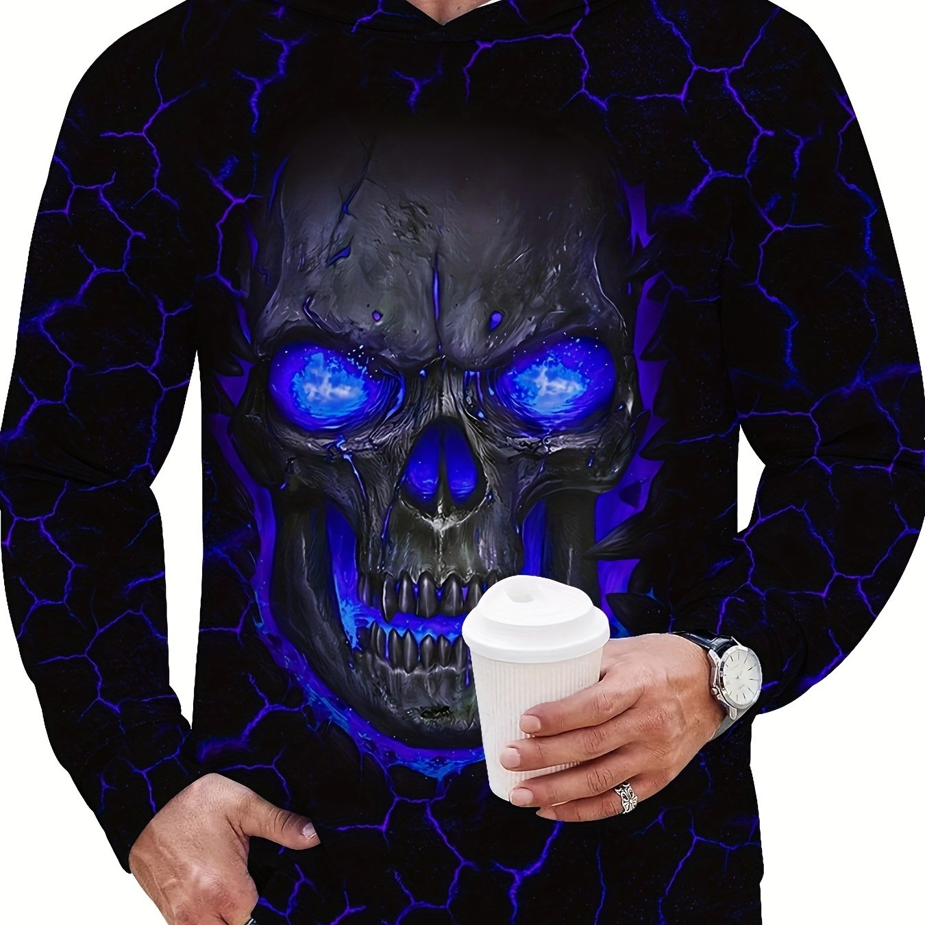 Men's 3D Skull Print Hoodie - Edgy Blue Glowing Eyes Design, Long Sleeve, Casual & Sporty, Polyester Blend, Machine Washable for Fall/Winter, Skull Hoodie