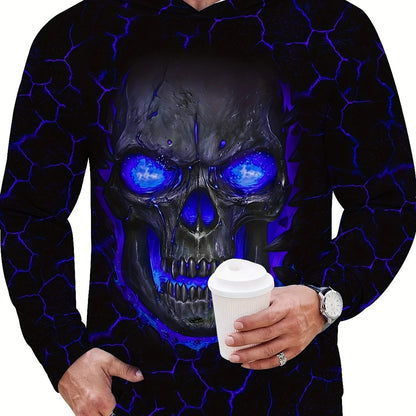 Men's 3D Skull Print Hoodie - Edgy Blue Glowing Eyes Design, Long Sleeve, Casual & Sporty, Polyester Blend, Machine Washable for Fall/Winter, Skull Hoodie
