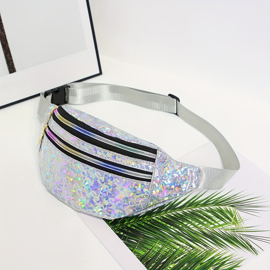 Holographic Sequin Waist Bag for Women - Stylish Crossbody Belt Bag with Adjustable Strap, Zipper Closure, And Glittery Purple, White, And Pink Patterns - Perfect for Outdoor Activities, Travel, And Everyday Fashion, Crossbod